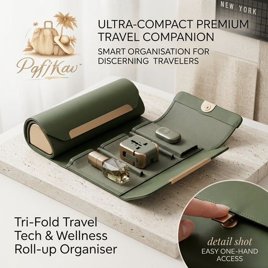 PqfjKav™ Premium Tri-Fold Travel Organizer – Compact Tech & Wellness Roll-Up Case | Elegant Vegan Leather Storage for Gadgets & Grooming Essentials | Smart Travel Accessory for Business & Jet-Setting