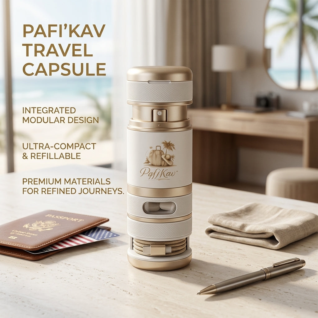 PqfjKav™ 4-in-1 Modular Travel Capsule — Luxury All-in-One Tech & Fragrance Organizer for Frequent Travelers — Compact Refillable Atomizer, Earbud Case & Cable Management System