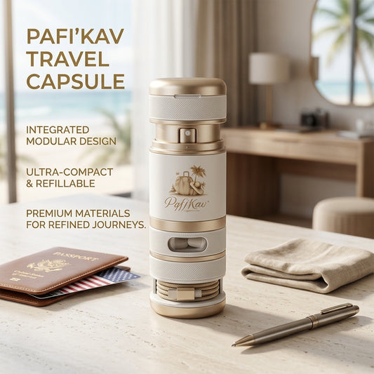 PqfjKav™ 4-in-1 Modular Travel Capsule — Luxury All-in-One Tech & Fragrance Organizer for Frequent Travelers — Compact Refillable Atomizer, Earbud Case & Cable Management System